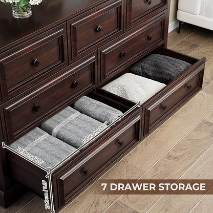 Farmhouse 7 Drawer Dresser for Bedroom, 54" Wide Wooden Dresser with Natural Texture & Vintage Metal Knobs, Large Chest of Drawers for Bedroom, Living Room, Hallway, Cherry