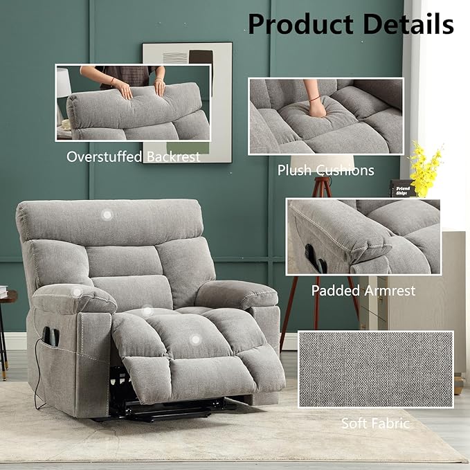CANMOV Dual Motor Power Lift Recliner Chair for Elderly, 27" Extra-Wide Seat 450 lbs Weight Capacity Infinite Position Adjustment, with Heated Massage, Cup Holders and USB Port, Grey Fabric