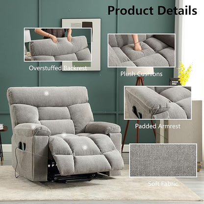 CANMOV Dual Motor Power Lift Recliner Chair for Elderly, 27" Extra-Wide Seat 450 lbs Weight Capacity Infinite Position Adjustment, with Heated Massage, Cup Holders and USB Port, Grey Fabric