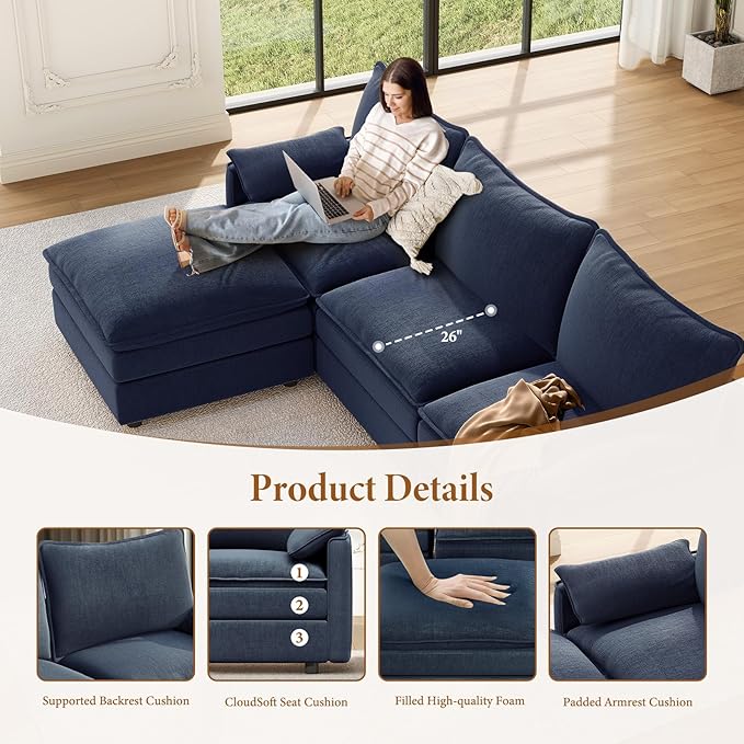 Vesgantti 142" Oversized Sectional Sofa Bed, 8-Seater Modular Sleeper Cloud Couch with Movable Ottoman, Chenille Convertible Sofa Set Deep Seat Couches for Living Room, Bedroom and Apartment, Blue