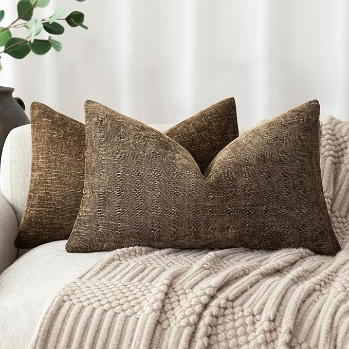 Foindtower Pack of 2 Textured Chenille Throw Decorative Pillow Covers Square Accent Solid Cushion Cover Neutral Farmhouse Lumbar Pillow Case for Couch Sofa Bedroom Living Room 12x20 Inch,Taupe Brown