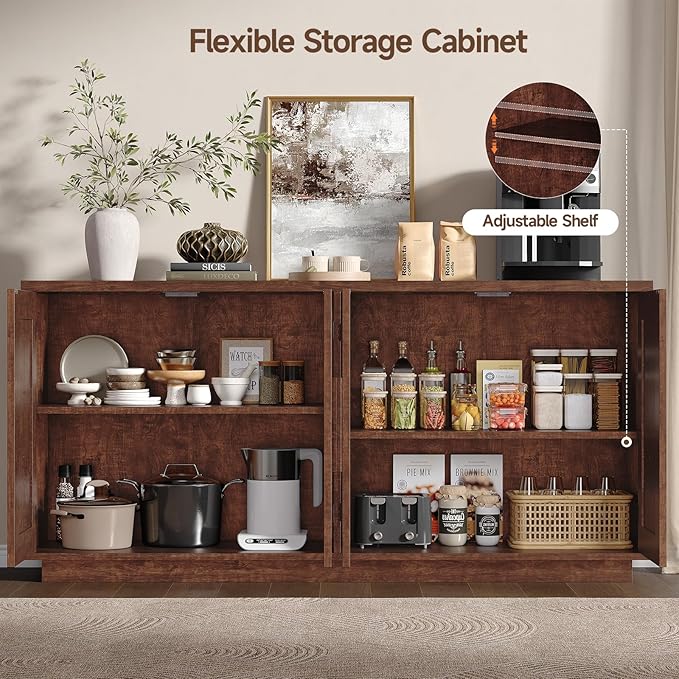ONBRILL 63 Inches Sideboard Buffet Cabinet with Storage, 4 Doors Large Storage Cabinets with Adjustable Shelves, Modern Sideboard for Kitchen, Living Room, Entryway, Dark Walnut