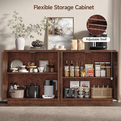 ONBRILL 63 Inches Sideboard Buffet Cabinet with Storage, 4 Doors Large Storage Cabinets with Adjustable Shelves, Modern Sideboard for Kitchen, Living Room, Entryway, Dark Walnut