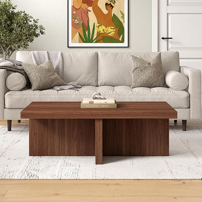 Henn&Hart 44" Rectangular Wood Pedestal Low-Profile Coffee Table for Living Room, Family Room, or Office, Satin Walnut