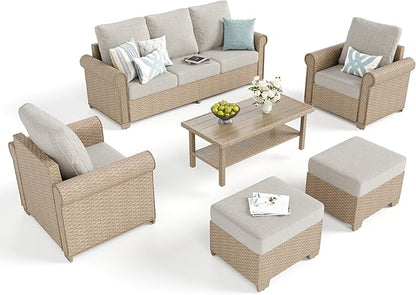 Patio Furniture Set 6 pcs, Wicker Rattan Sofa with 5.5” Thick Waterproof Cushions, 2 Chairs, 2 Ottomans and Coffee Table, All Weather Outdoor Conversation Set for Backyard Deck, 7 Seats Beige