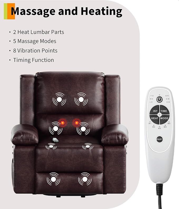 GarveeHome Electric Lift Recliner Chair - Heat and Massage, PU Leather Power Lift Recliner for Elderly & Mobility Impaired, Adjustable Back and Legs, Heavy Duty Lift Chair for Seniors