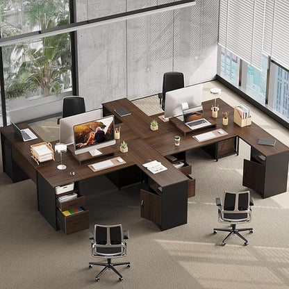 Bestier L Shaped Desk with File Drawers, 63" x 47" Office Computer Desk with Storage Cabinet, Corner Desk with Monitor Stand & Modesty Panel for Home Office, Cherry