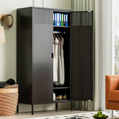 71 Inches Black Metal Wardrobe Cabinet with Hanging Rod, Metal Armoire Wardrobe Closet with Doors for Bedroom, Office, Laundry Room and Changing Room, Metal Locker Cabinet