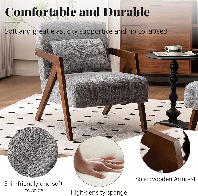 Mid-Century Modern Accent Chair Set of 2 with Solid Wood Frame，Upholstered Chenille Living Room Arm Chairs with Pillow for Bedroom, Living Room, Reading Room, Balcony, Grey