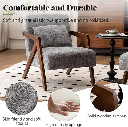 Mid-Century Modern Accent Chair Set of 2 with Solid Wood Frame，Upholstered Chenille Living Room Arm Chairs with Pillow for Bedroom, Living Room, Reading Room, Balcony, Grey