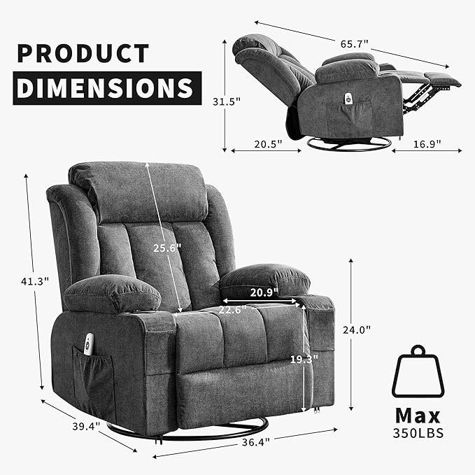 Rocking Recliner Chair with Heat and Massage, Nursery Recliner 360° Swivel Oversized Chairs for Adults, Lazy Boy Single Sofa Seat with 3 Positions, 2 Side Pockets, Cup Holders, and USB Ports, Grey