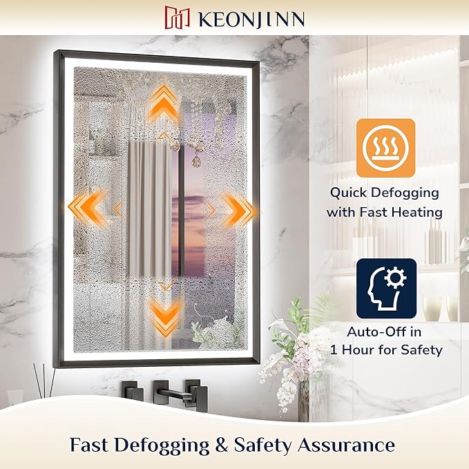 Keonjinn Black LED Mirror for Bathroom 40 x 32 Inch with Frontlit & Backlit, Metal Frame Mirror with Stepless 3-Color Lights, Antifog Dimmable, UL-Listed Driver,Tempered Glass(Horizontal/Vertical)