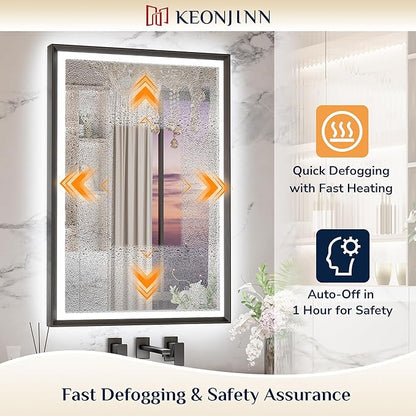 Keonjinn Black LED Mirror for Bathroom 40 x 32 Inch with Frontlit & Backlit, Metal Frame Mirror with Stepless 3-Color Lights, Antifog Dimmable, UL-Listed Driver,Tempered Glass(Horizontal/Vertical)