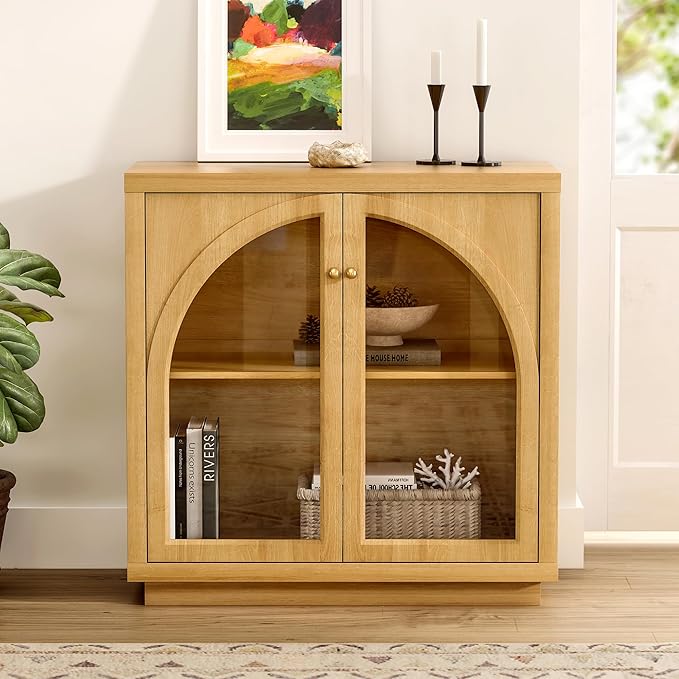 Sideboard Buffet Cabinet Set of 2, Storage Cabinet with Adjustable Shelf Modular Accent Display Case with Acrylic Doors Console Table for Living Room Kitchen Entryway, Natural Oak