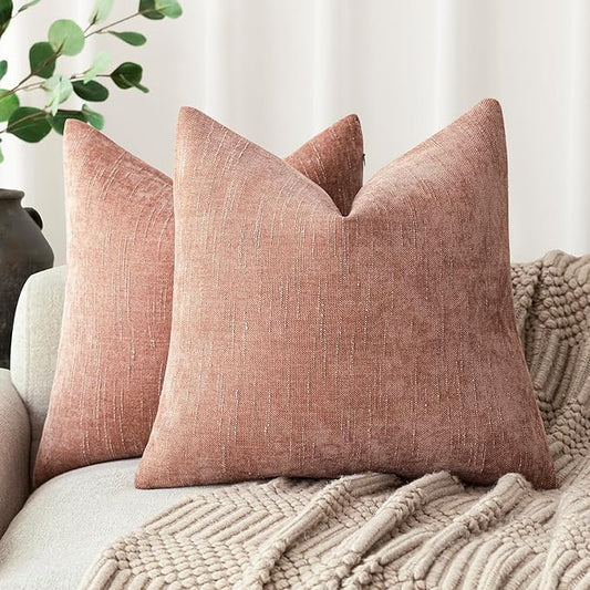 Foindtower Pack of 2 Textured Chenille Throw Decorative Pillow Covers Square Accent Solid Cushion Cover Neutral Farmhouse Pillow Case for Couch Sofa Bedroom Living Room 26x26 Inch,Dusty Pink