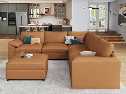 EASE MOOSE Oversized Corner Modular Sectional Sofa with Ottoman, Faux Leather Sectional Sofa with Deep Seat, Scratch Resistant Faux Leather Material, Extra Large L Shaped Couch, Brown