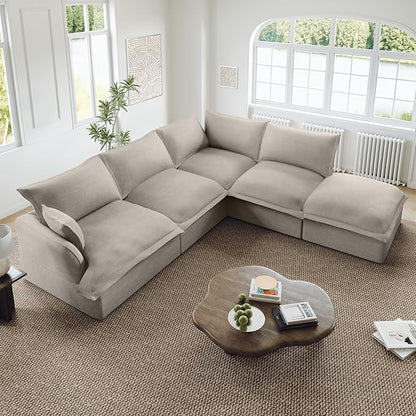 Oversized Cloud Modular Sectional Sofa, Comfy Down Filled Cloud Couch with Removable Cover, L Shaped 4 Seat Couch with Ottoman, Deep Seat Sectional Couches for Living Room, Light Gray