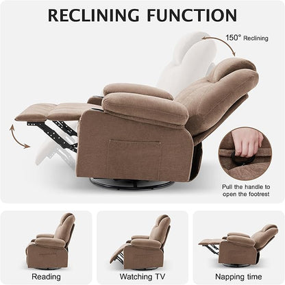 Oversized Swivel Rocker Recliner Chair with Heat and Massage, Large Big Recliner Chair for Living Room, 360 Degree Swivel Rocking Single Sofa with Cup Holders and USB Port(Fabric, Nut Brown)