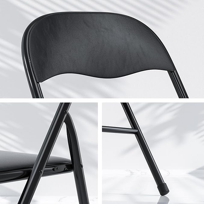 VECELO Folding Chairs 4 Pack Metal Portable with Soft PU Padded Seats for Home/Office/Party, Black