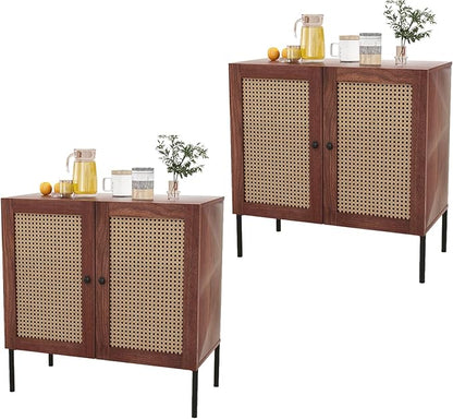 COSTWAY Buffet Cabinet with Storage, Storage Sideboard with Rattan Decorated Doors, Adjustable Shelf, Metal Legs, Accent Cabinet, Buffet Table Credenza for Hallway, Entryway, Living Room (2, Walnut)