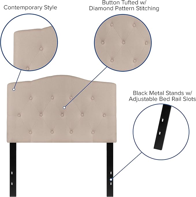 EMMA + OLIVER Twin Size Tufted Upholstered Headboard with Adjustable Metal Bed Rail Slots, Modern Fabric Upholstered Twin Headboard, Beige