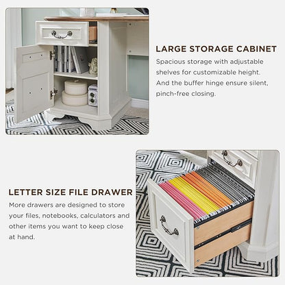 T4TREAM L Shaped Desk with Hutch,59" Farmhouse Wood Home Office Executive Desk,Charging Station,File Drawer, Storage Cabinet,Computer Desk for Work and Study (Antique White)