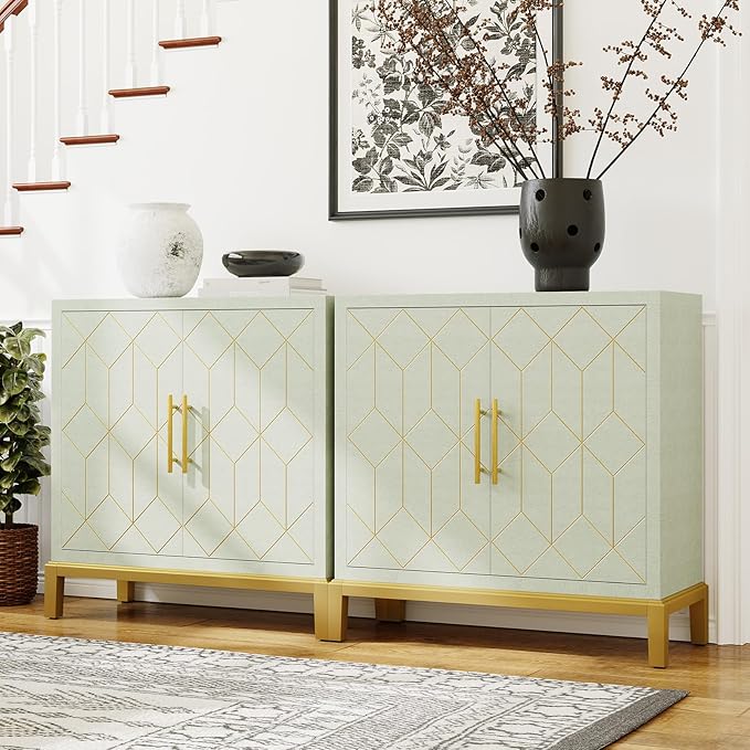 HLR Green Accent Cabinet with Gold Trim,Storage Cabinet with 2 Doors,Modern Wooden Sideboard for Living Room, Kitchen, Office and Hallway