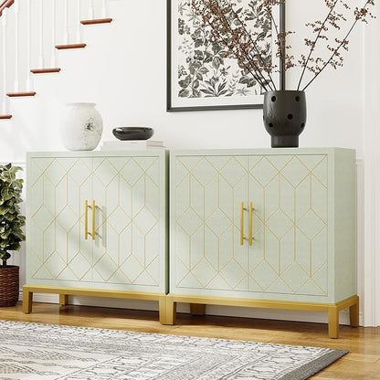 HLR Green Accent Cabinet with Gold Trim,Storage Cabinet with 2 Doors,Modern Wooden Sideboard for Living Room, Kitchen, Office and Hallway