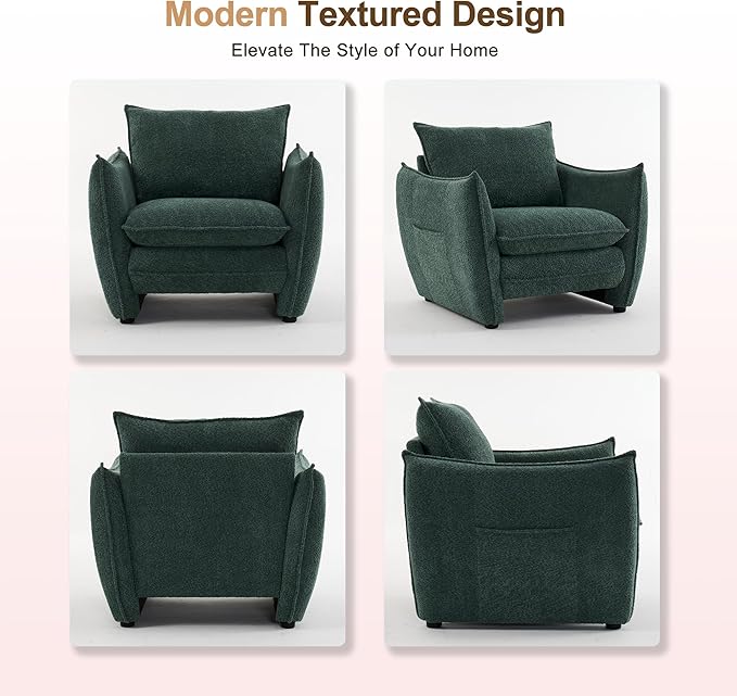 Oversized Accent Chair, Modern Single Sofa Cloud Chairs with Removable Pillow, Deep Seat Comfy Armchair for Living Room Bedroom Reading Nook - Upholstered Lounge Chair (Green, Set of 2)
