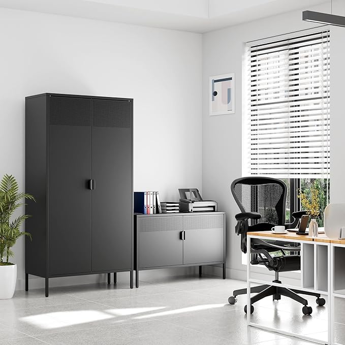 Black Wide Metal Locker Storage Cabinet, 2 Door Accent Cabinet for Home and Office, 2 Tier Low Metal Cabinet With Doors and Shelf, Multipurpose TV Stand