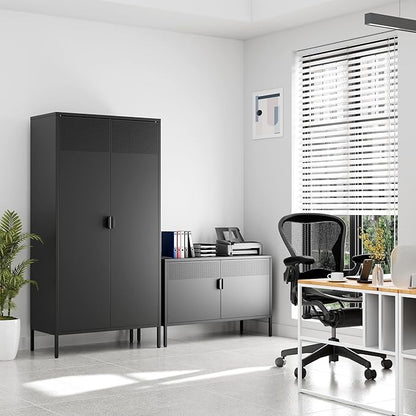 71 inches Black Metal Storage Cabinet with Doors and Shelves, 5 Tier Pantry Cabinet, Metal Cabinet for Home, Office, Dining, Laundry, Living, Bathroom and Utility Use