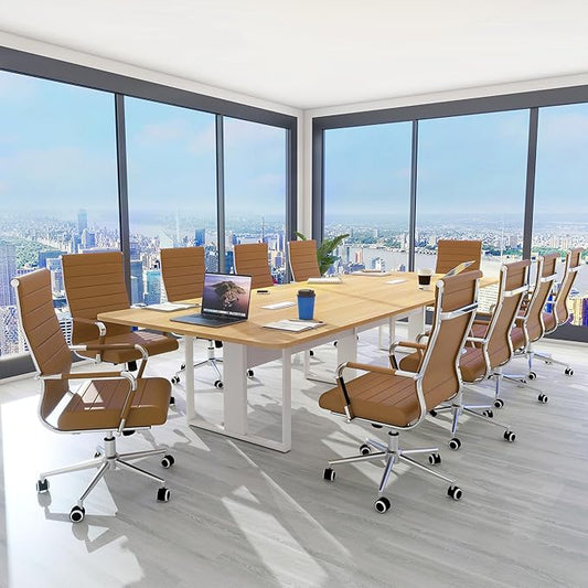 Home Office Chair Ribbed, Modern Leather Conference Waiting Room Chairs,Ergonomic Office Desk Chair, High Back Executive Computer Chair, Adjustable Swivel Chair with Arms (Brown)