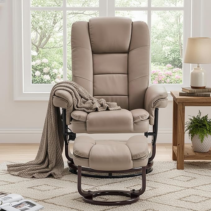 Argus Swivel Recliner with Ottoman, PU Leather & Wood Base Reclining Chair with Footrest, Ultra-Plush Double Foam for Living Room, Bedroom and Office