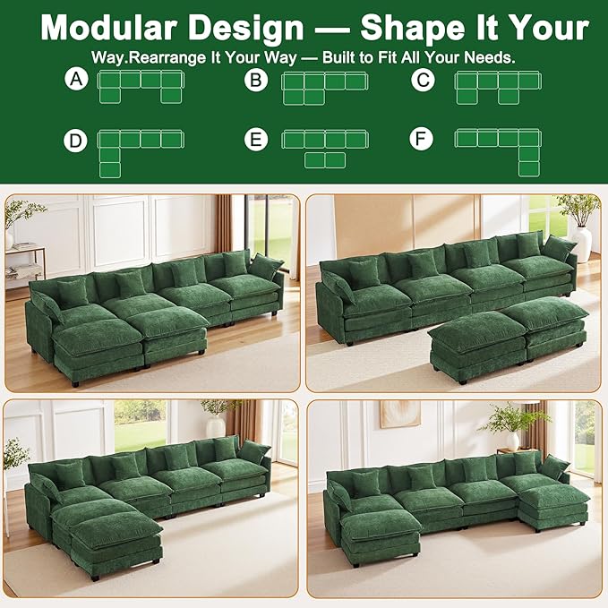U-Shaped Cloud Chenille Sectional with 2 Ottomans, 146" Modular Sofa for Large Spaces, Ultimate Comfort with Deep Seats & Pillows, Solid Frame, 1YR Warranty