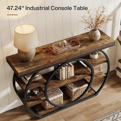 Tribesigns 47" Console Table, 5-Tier Industrial Entryway Table with Metal Frame, Narrow Sofa Table Behind Couch Accent Tables for Living Room, Hallway, Foyer, Rustic Brown