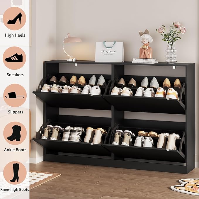Shoe Storage Cabinet, Wood Shoe Organizer for Entryway with 4 Flip Drawers, Freestanding Shoe Rack with Adjustable Shelf, Narrow Shoe Dresser for Front Door Entrance(Black, 47.24" x 32.28" x 9.44")
