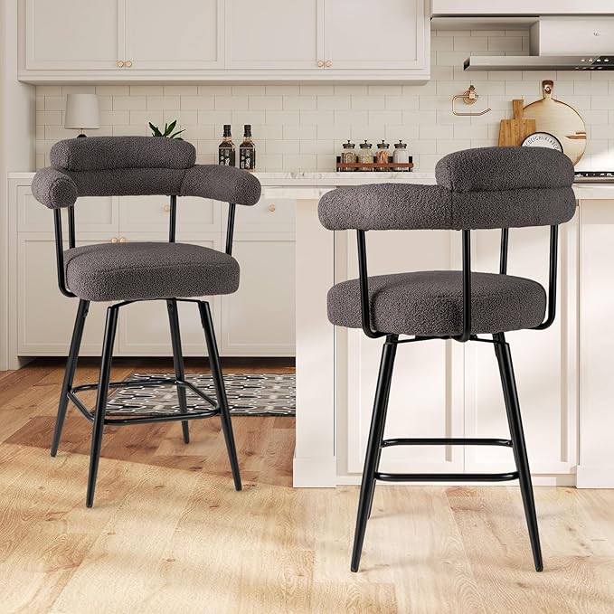 COSTWAY Counter Height Bar Stools Set of 2, 27" Swivel Modern Upholstered Counter Chairs with Boucle Fabric, Curved Backrests & Metal Legs, for Kitchen Island, Home (2, Grey + Black)