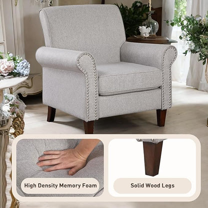 Prilinex Upholstered Living Room Chair Set of 4 - Large Comfy Fabric Accent Chair Single Sofa with Cushion, Rolled Armrest & Nailhead Trim, Mid Century Modern Armchair for Bedroom, Office, Grey