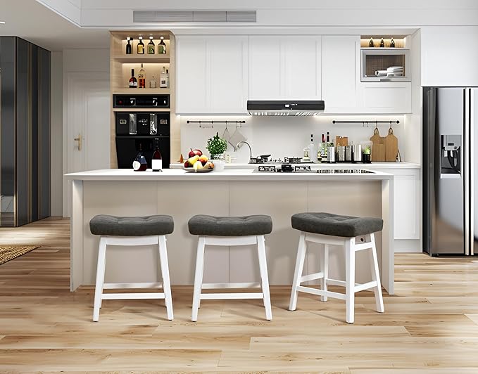 Counter Height Bar Stools Set of 2 for Kitchen Counter Farmhouse Modern Barstools with Faux Leather Upholstered Backless Seat and Solid Wood Legs 24 inch Bar Chairs, Grey + White