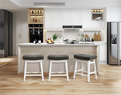 Counter Height Bar Stool for Kitchen Counter Modern Backless Barstool with Upholstered Faux Leather Seat and Solid Wood Leg Farmhouse 24 inch Bar Chair, Grey + White, 1pc