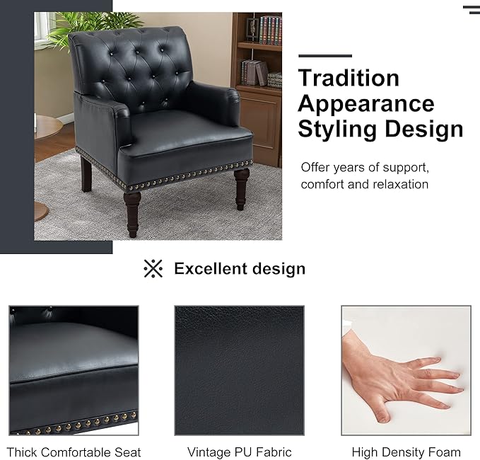 Pia Ricco PU Leather Accent Chair: Modern Nailhead Trim Armchair with Wooden Legs - Upholstered Reading Seat for Office, Living Room, Bedroom-Black