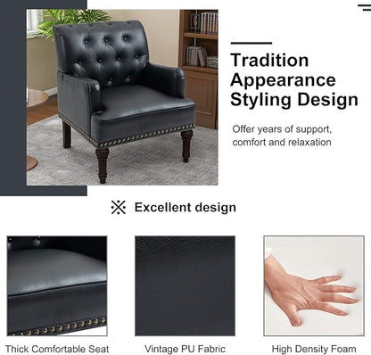 Pia Ricco PU Leather Accent Chairs 2 Pack - Modern Armchairs with Wooden Legs, Office Living Room Bedroom Seating Set-Black