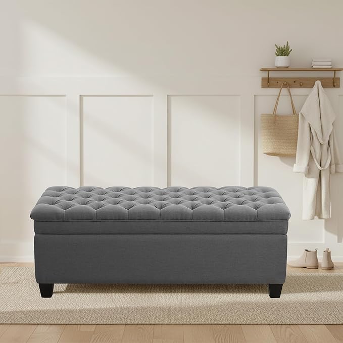 50" Storage Ottoman Bench, Rectangular End of Bed Storage Bench, Upholstered Large Fabric Tufted Ottoman with Storage for Living Room, Bedroom, Entryway,Dark Gray