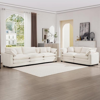 mikibama Luxury 2 Piece Sofa Set, 3-Seater & Loveseat Couch Set, Modern Corduroy Comfy Cloud Couches Set for Living Room Office with 4 Armrest Pillows and 5 Toss Pillows, Beige