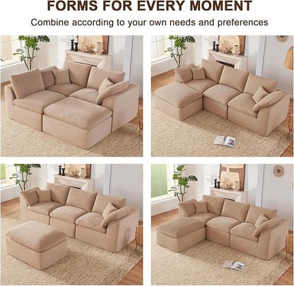 112" Cloud Sectional Couch, Boneless couches for Living Room, L Shaped Couch with Convertible Ottoman, Modular Sectional Sofa with Deep Seat, Comfy Soft Cushions, No Assembly, Camel