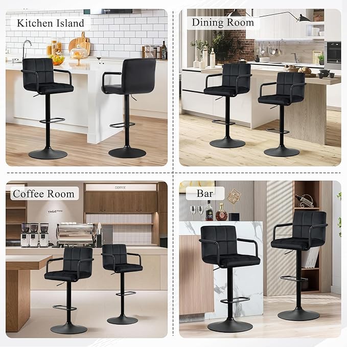 Furniliving Swivel Bar Stools Set of 4, Adjustable Kitchen Counter Height BarStools with Arms, Velvet Upholstered Bar Chair with Back and Footrest for Dining Room, Kitchen, Pub, Bar (Black)
