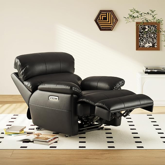 COLAMY Triple Motors Power Recliner Chair with Power Headrest & Lumbar Support Independent Adjustment for Living Room, Leather Electric Recliner Sofa Chair, Black