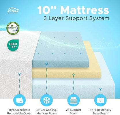 L’Baiet 10 Inch Gel Memory Foam Mattress, Twin Size - Bed in a Box - Medium Firm - Breathable Cooling-Gel Comfort Technology - Pressure Relief Comfy Support Soft Fabric Cover - CertiPUR-US Certified