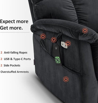 MCombo Large-Wide Dual Motor Power Lift Recliner Chair, Massage and Dual Heating for Elderly People, Infinite Position, Fabric R7166 (Black)