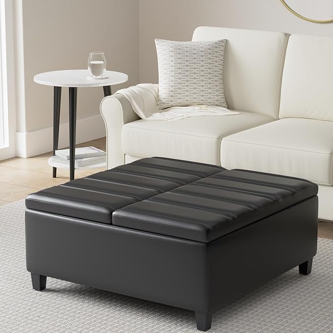 SIMPLIHOME Ellis 36 inch Wide Contemporary Square Coffee Table Storage Ottoman in Midnight Black Vegan Faux Leather, Assembled, For the Living Room and Bedroom